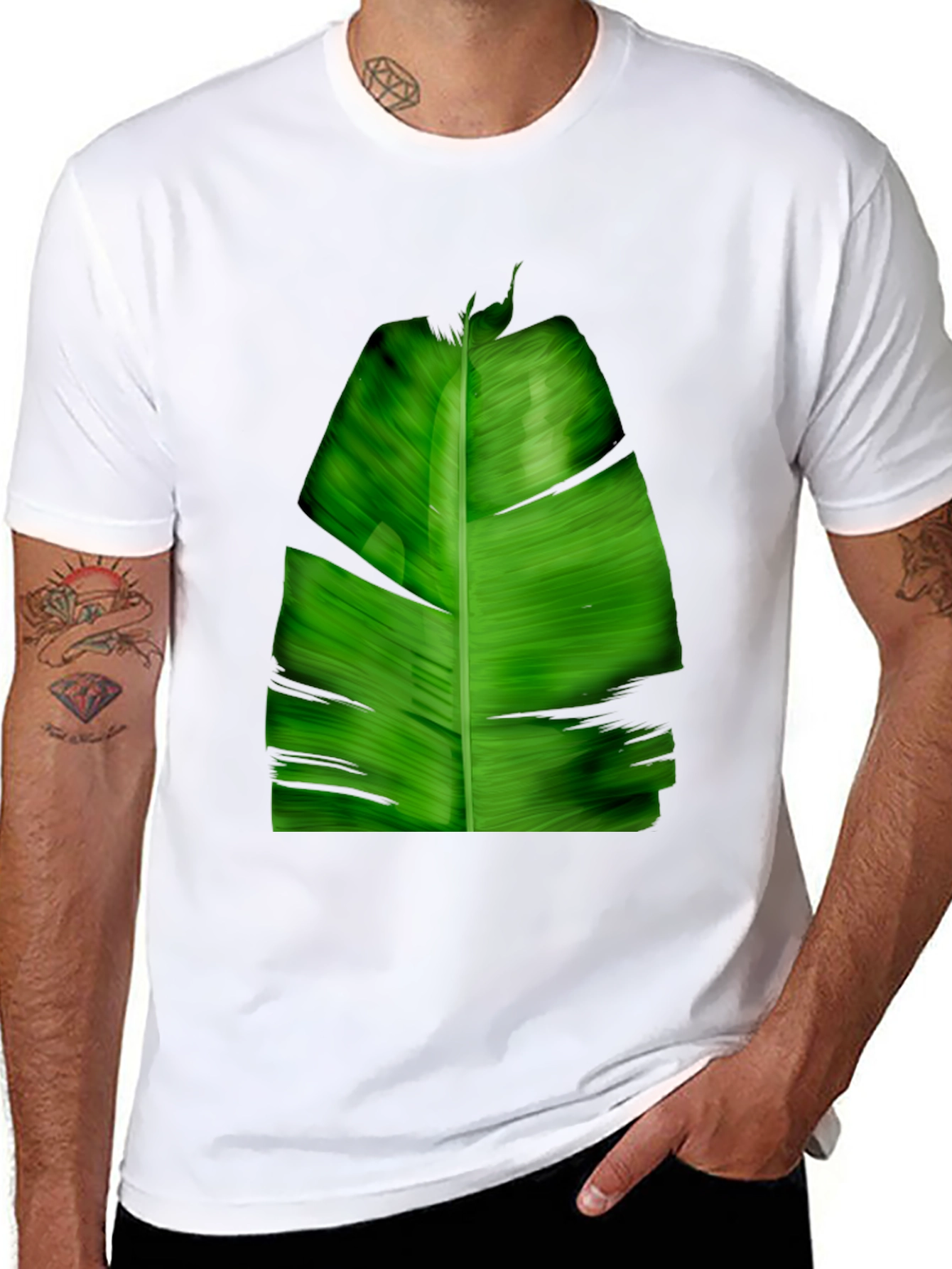 Tropical Green Leaf Print Black T-Shirt