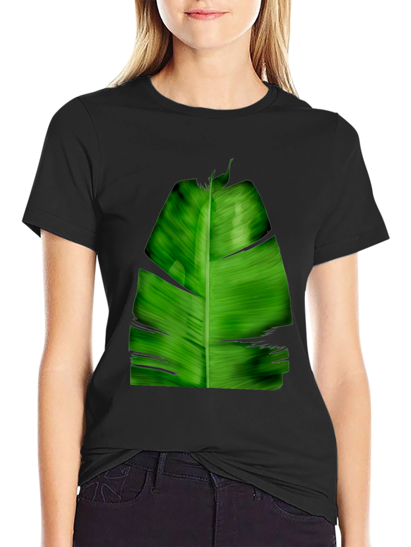 Tropical Green Leaf Print Black T-Shirt