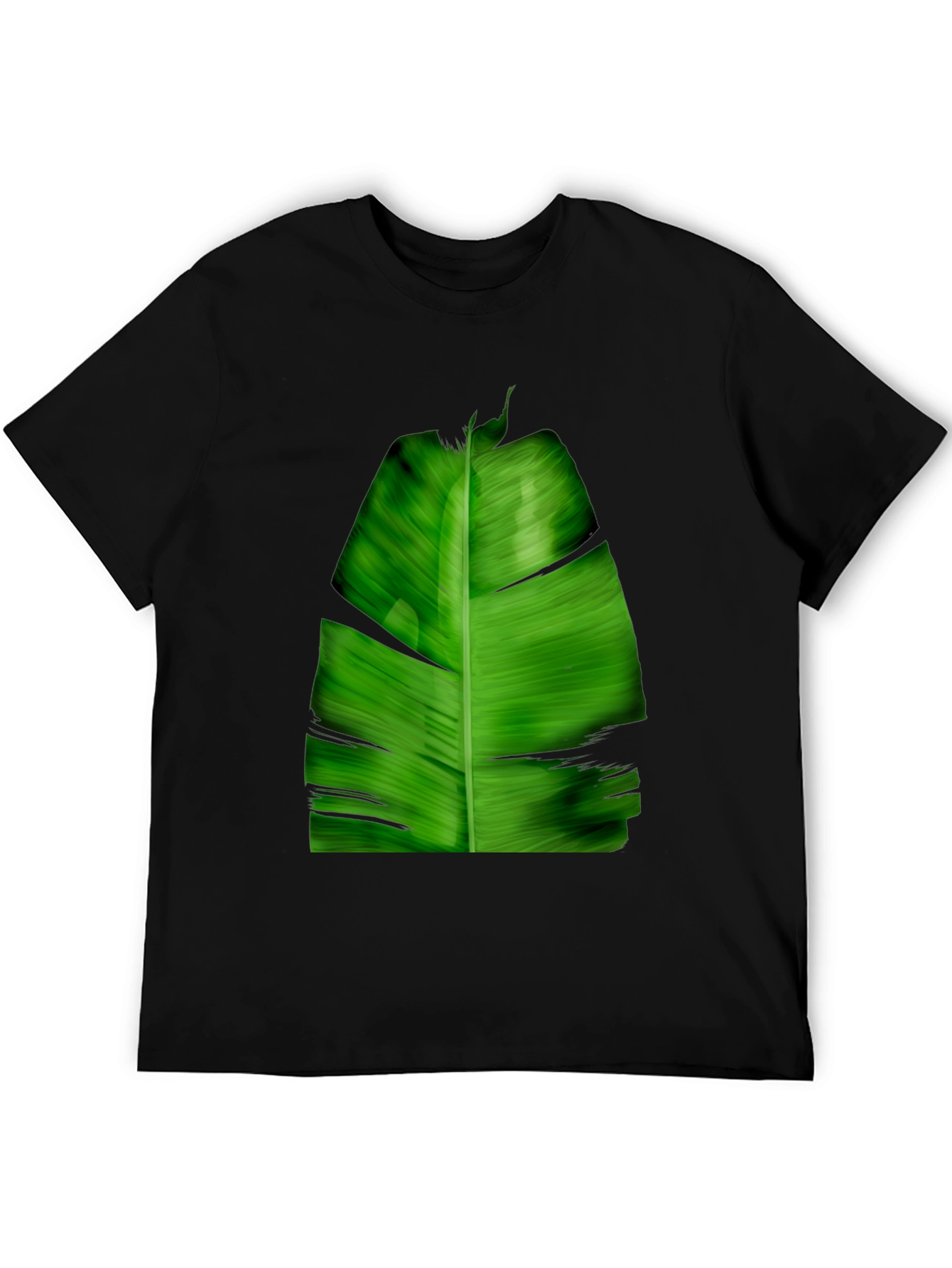 Tropical Green Leaf Print Black T-Shirt
