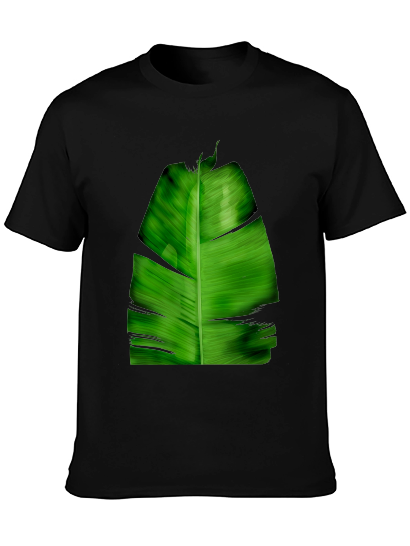 Tropical Green Leaf Print Black T-Shirt