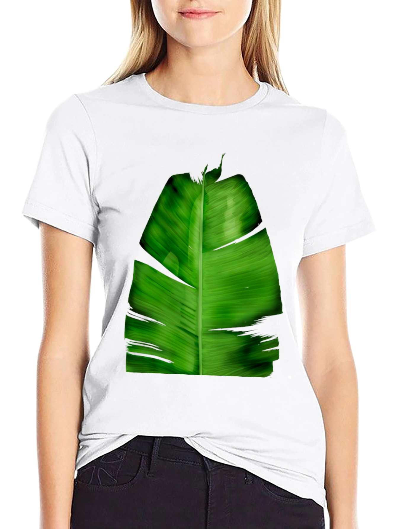 Tropical Green Leaf Print Black T-Shirt