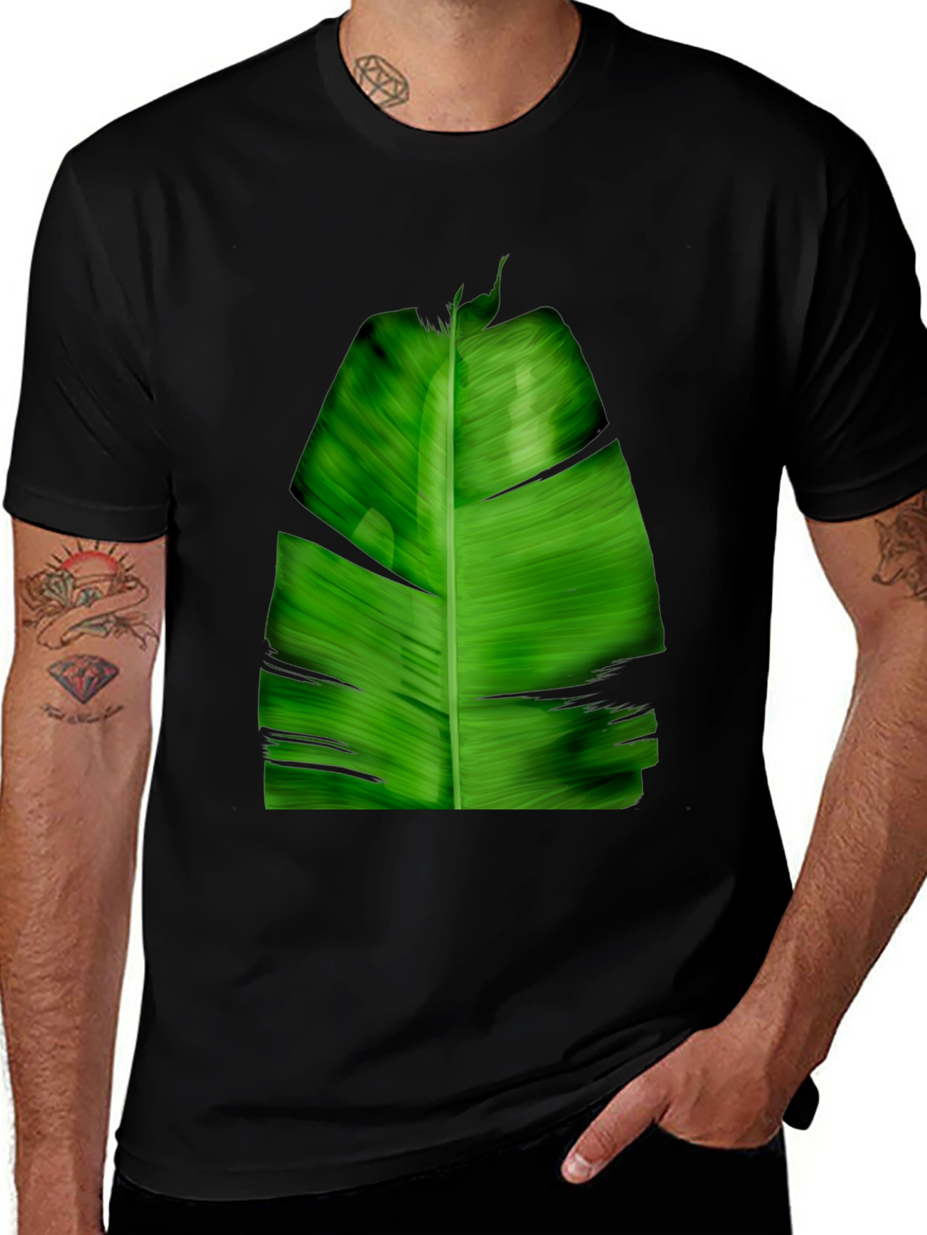 Tropical Green Leaf Print Black T-Shirt