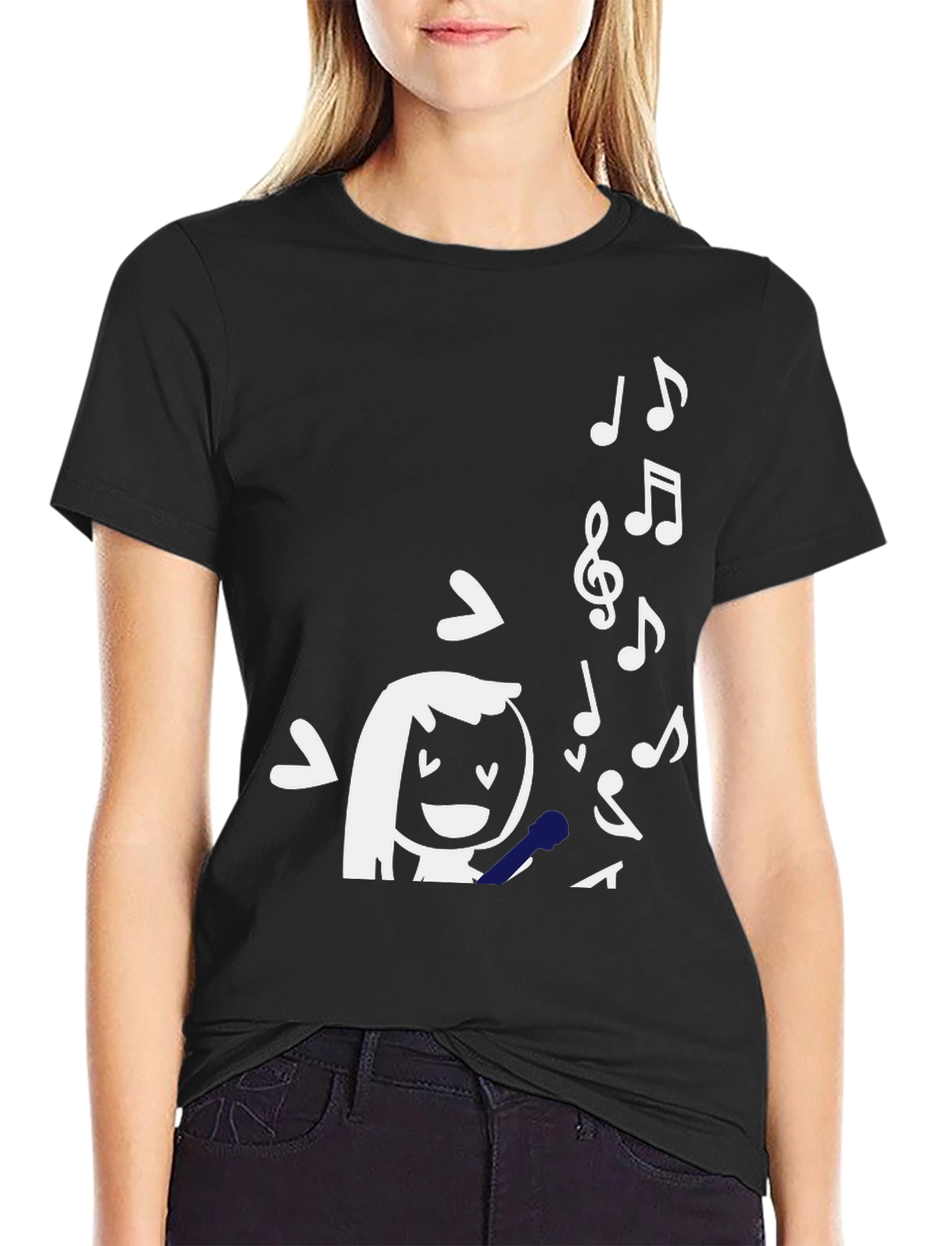 Singing Girl Graphic Tee - Black Cotton T-Shirt