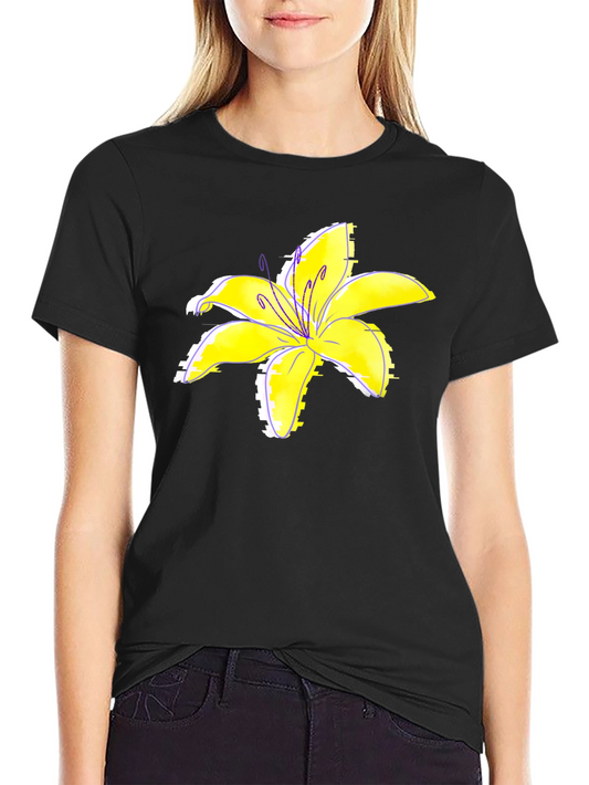 Black T-Shirt with Yellow Lily Flower Print