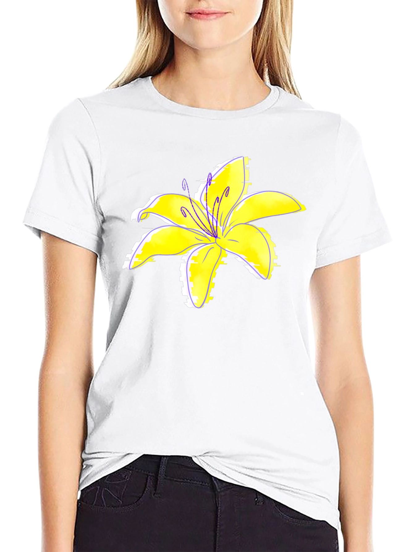Black T-Shirt with Yellow Lily Flower Print
