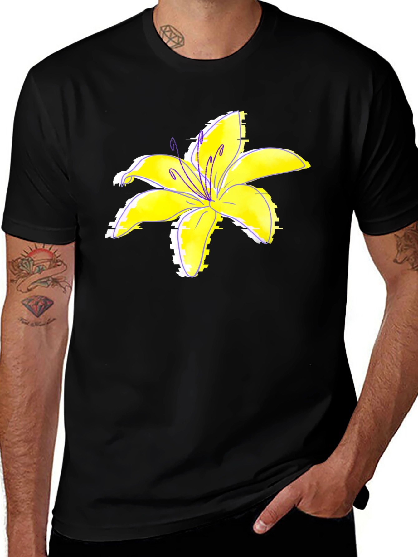 Black T-Shirt with Yellow Lily Flower Print
