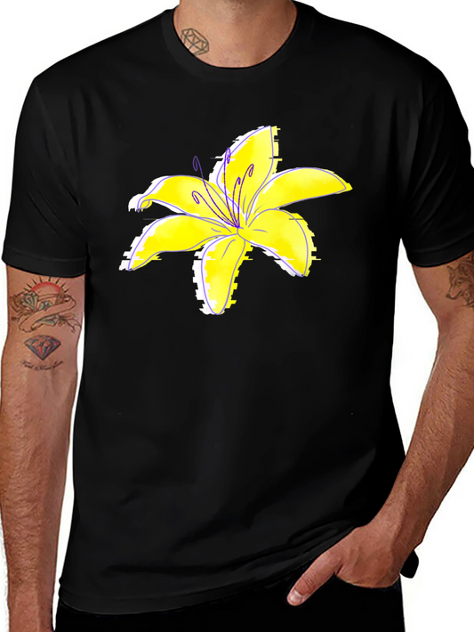Black T-Shirt with Yellow Lily Flower Print
