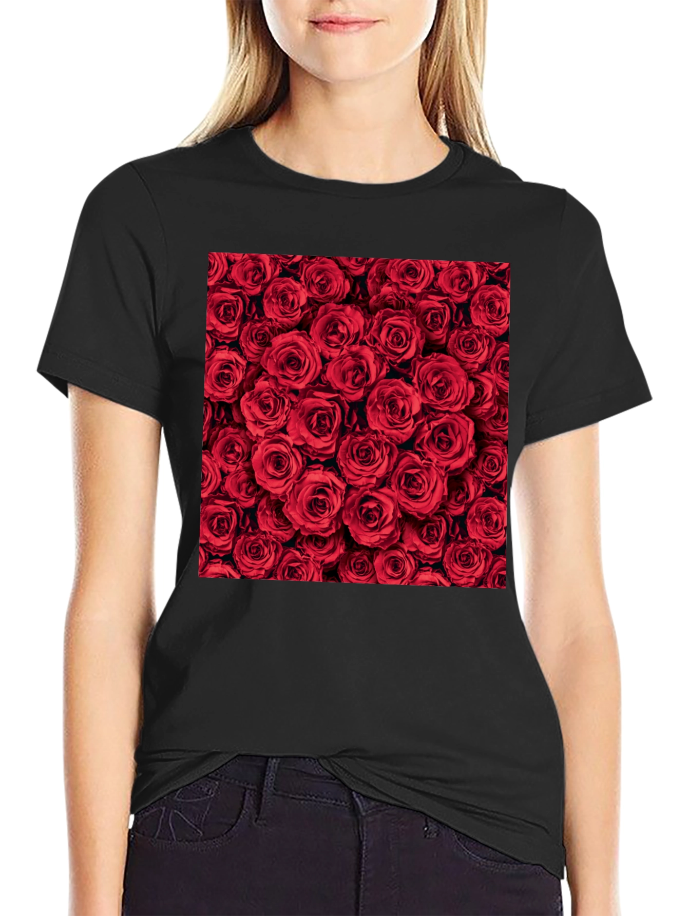 Red Roses Floral Print Crew Neck T-Shirt