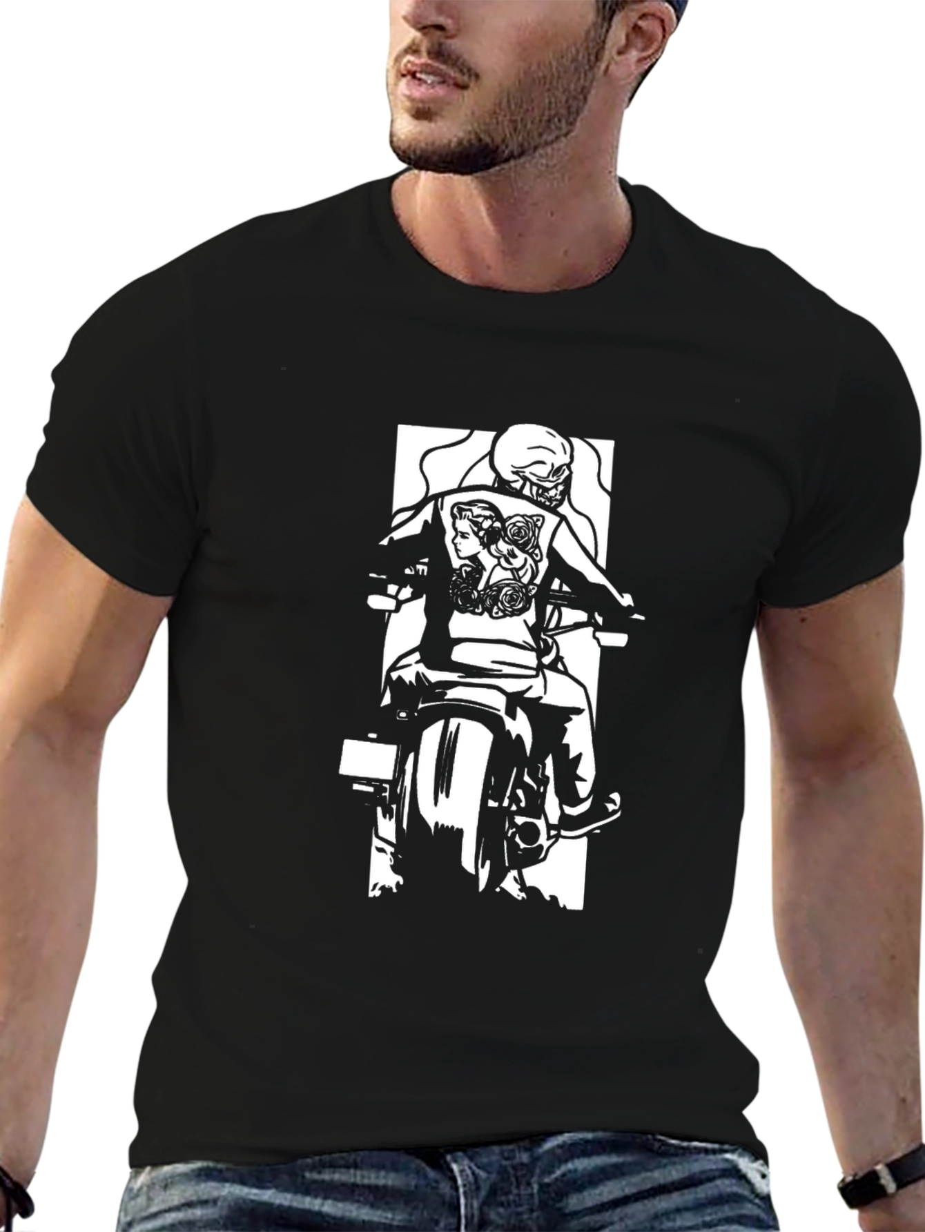 Biker Graphic T-Shirt - Skull and Roses Design