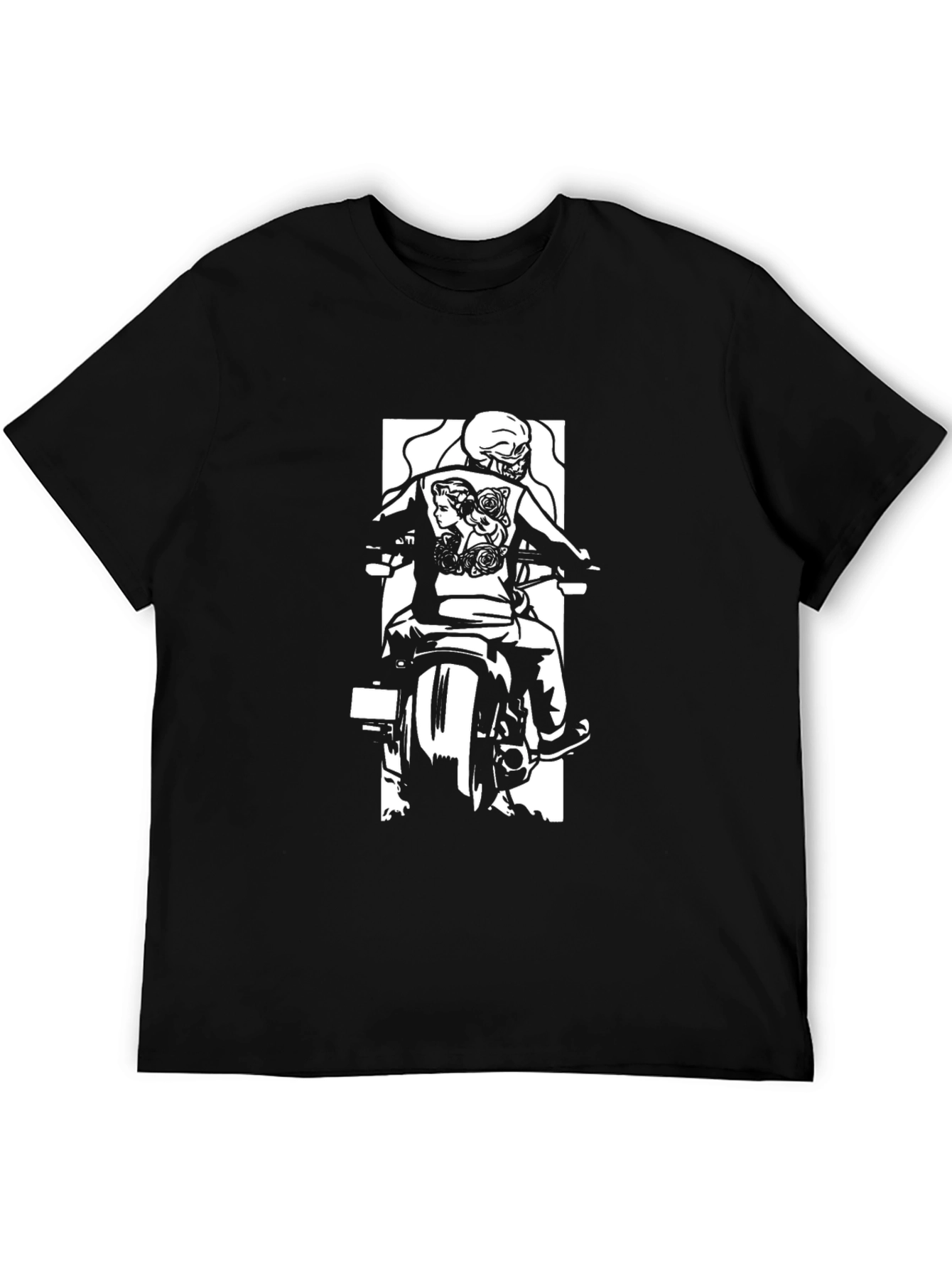 Biker Graphic T-Shirt - Skull and Roses Design