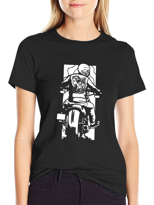 Biker Graphic T-Shirt - Skull and Roses Design