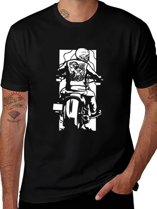 Biker Graphic T-Shirt - Skull and Roses Design