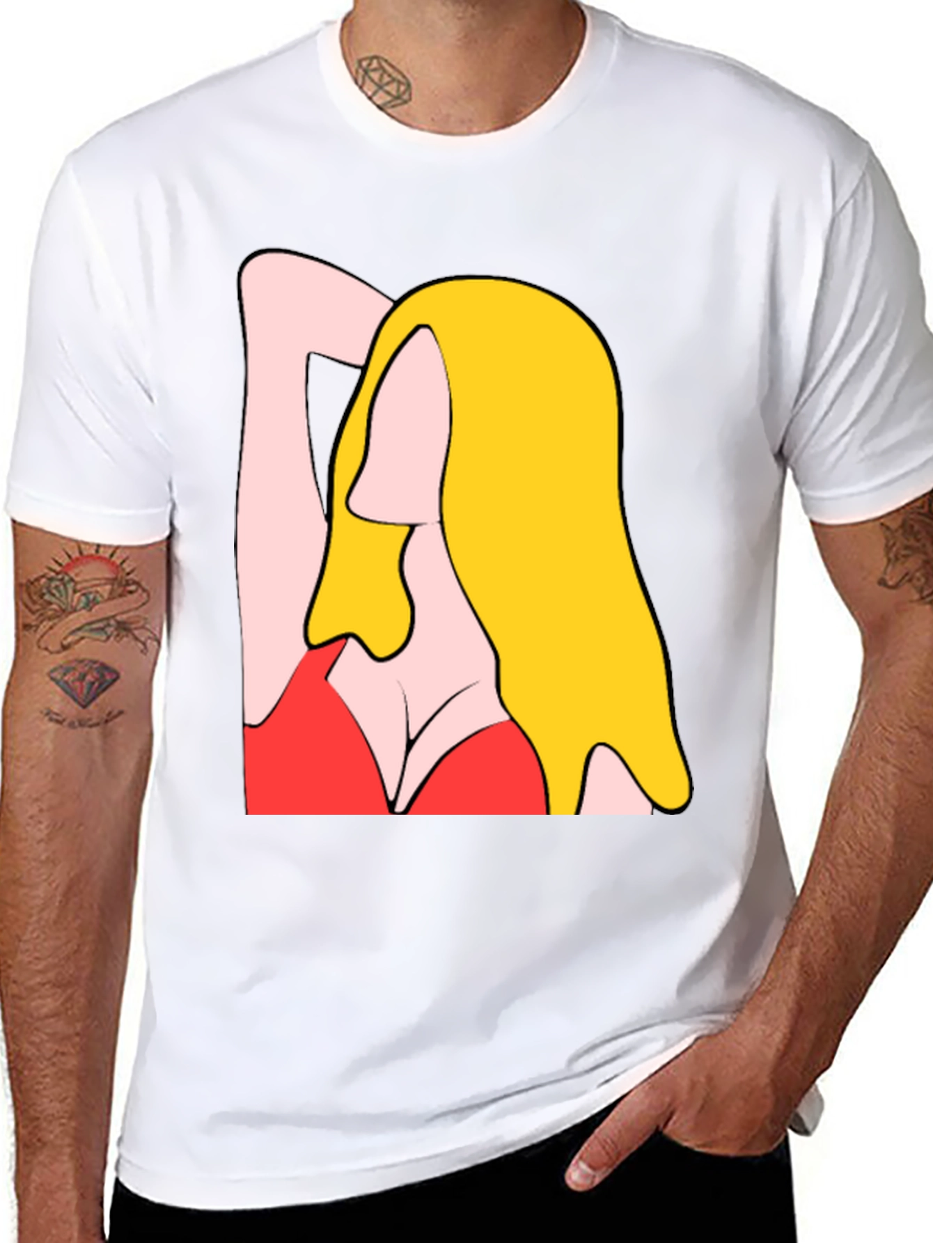 Cartoon Woman Graphic Tee - Black Cotton T-Shirt