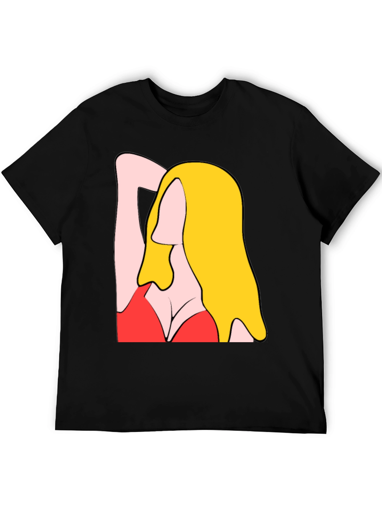 Cartoon Woman Graphic Tee - Black Cotton T-Shirt