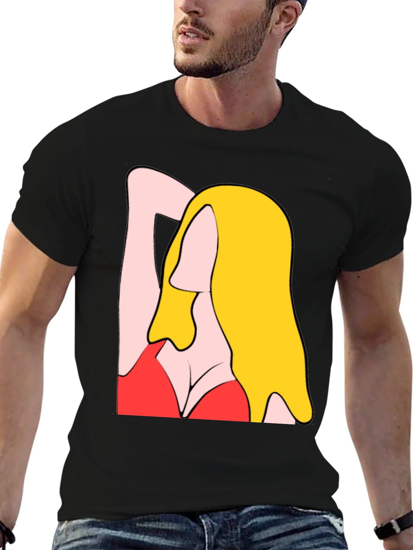 Cartoon Woman Graphic Tee - Black Cotton T-Shirt