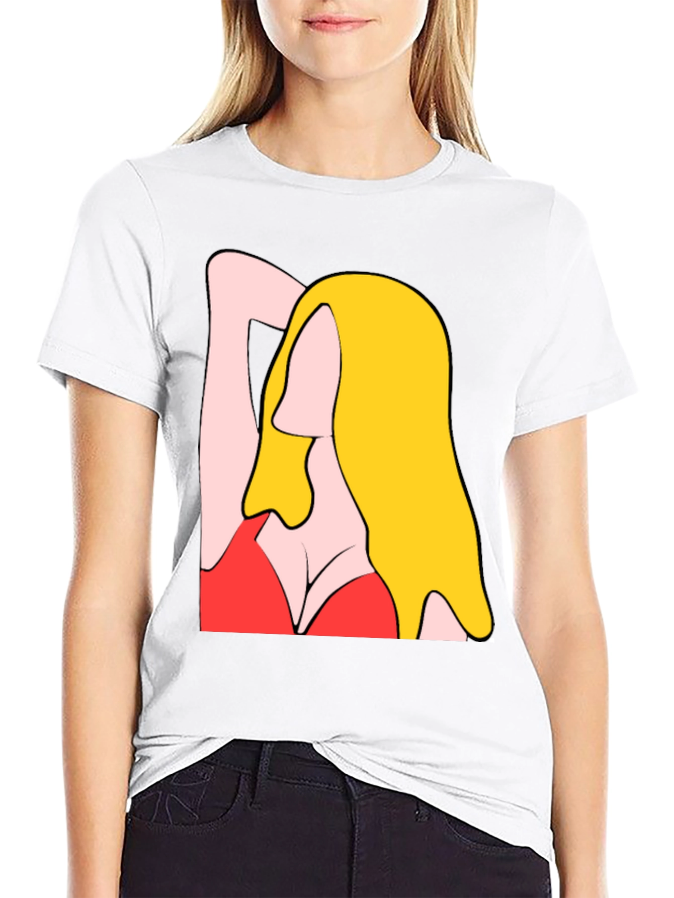 Cartoon Woman Graphic Tee - Black Cotton T-Shirt