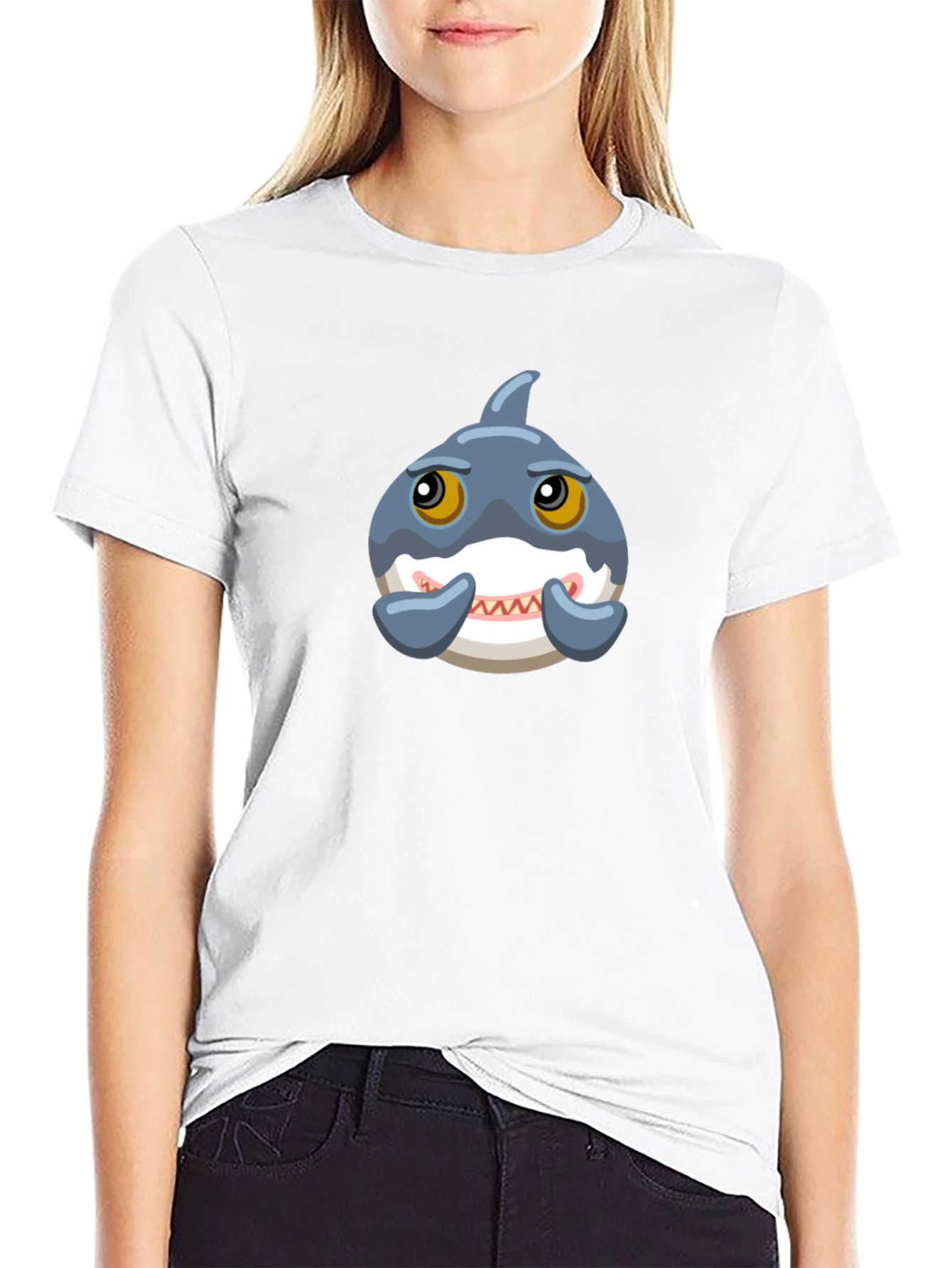 Cute Cartoon Shark Graphic Tee - Black