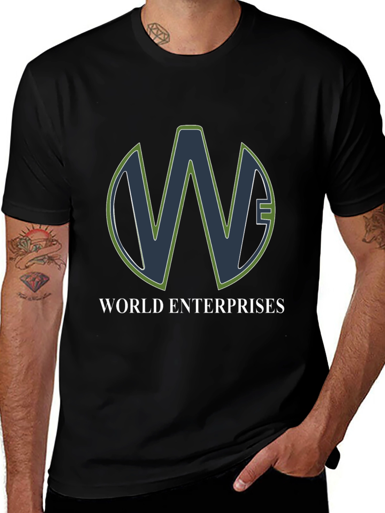 World Enterprises Black T-Shirt - Unique Logo Design