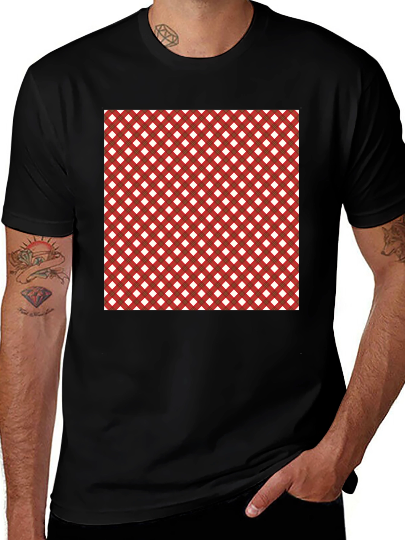 Stylish Black Tee with Red & White Checkered Design