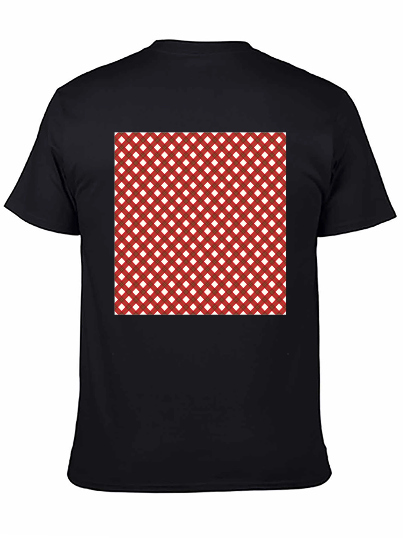 Stylish Black Tee with Red & White Checkered Design