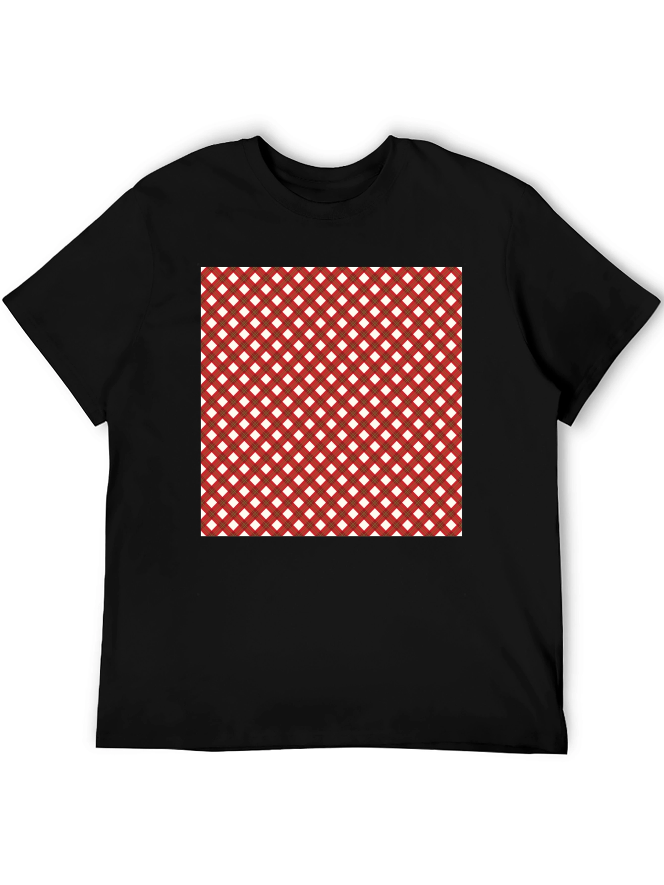 Stylish Black Tee with Red & White Checkered Design