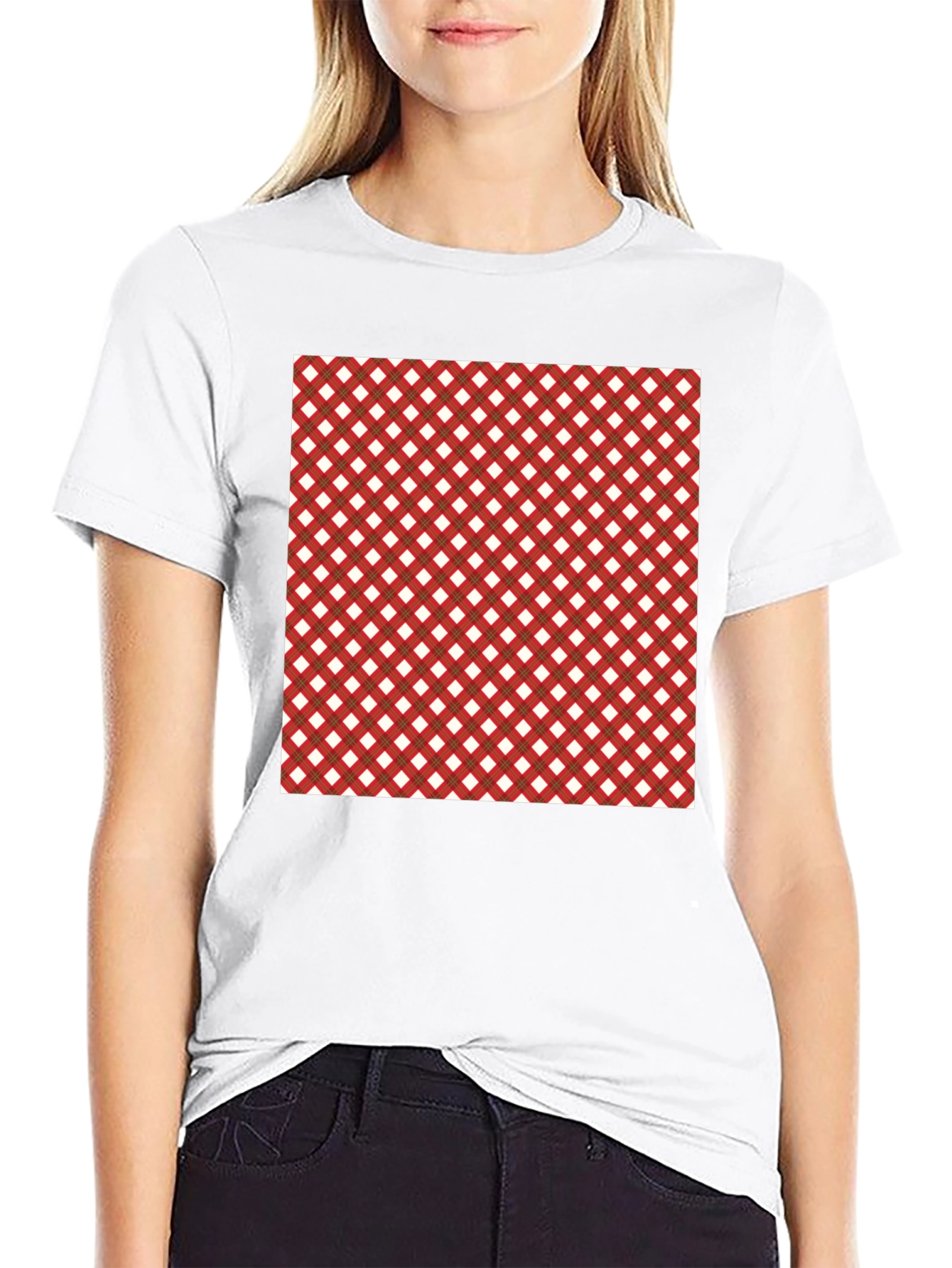 Stylish Black Tee with Red & White Checkered Design