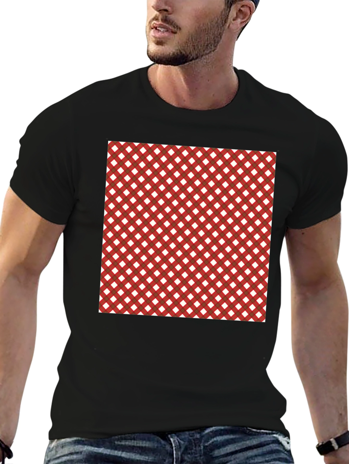 Stylish Black Tee with Red & White Checkered Design