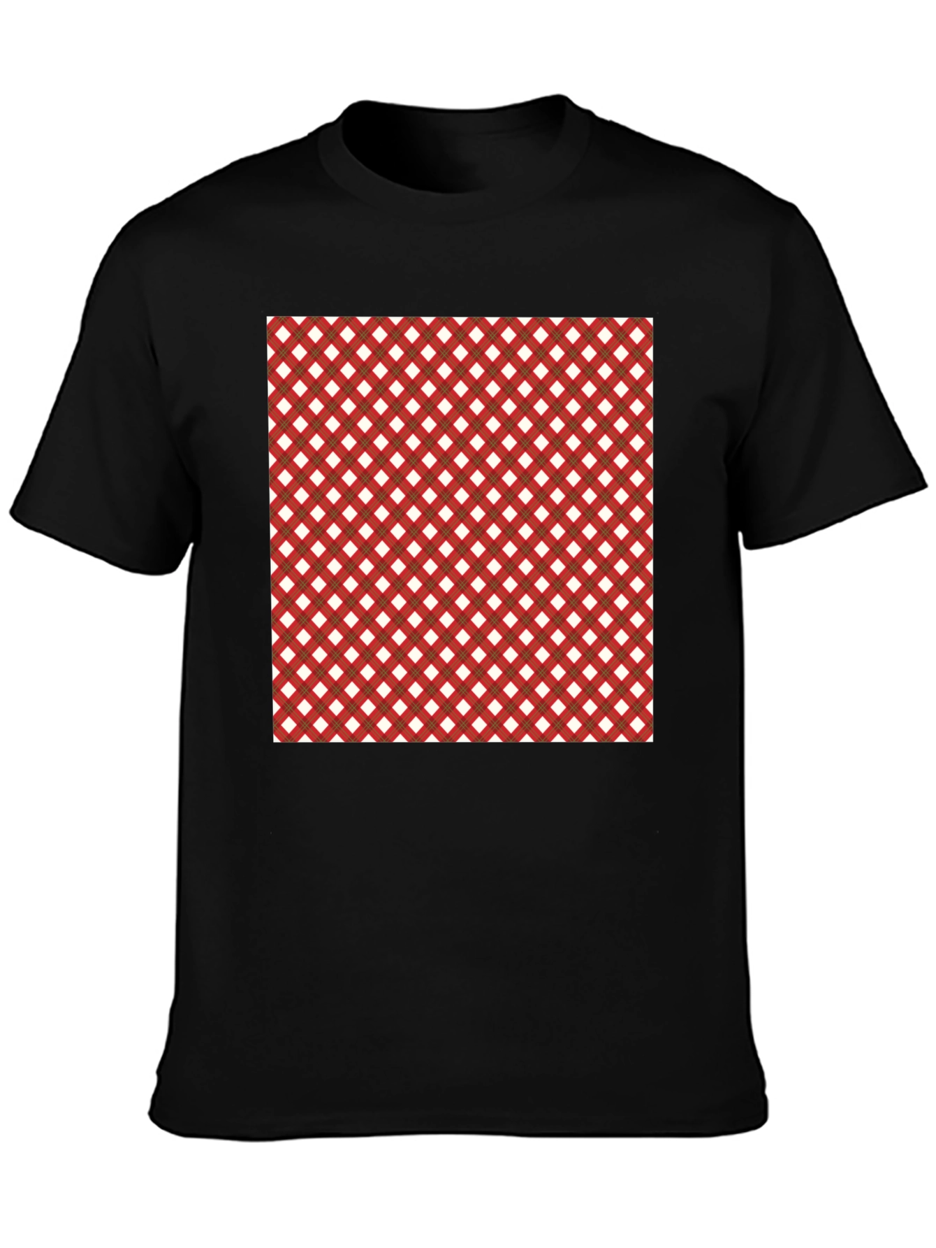 Stylish Black Tee with Red & White Checkered Design