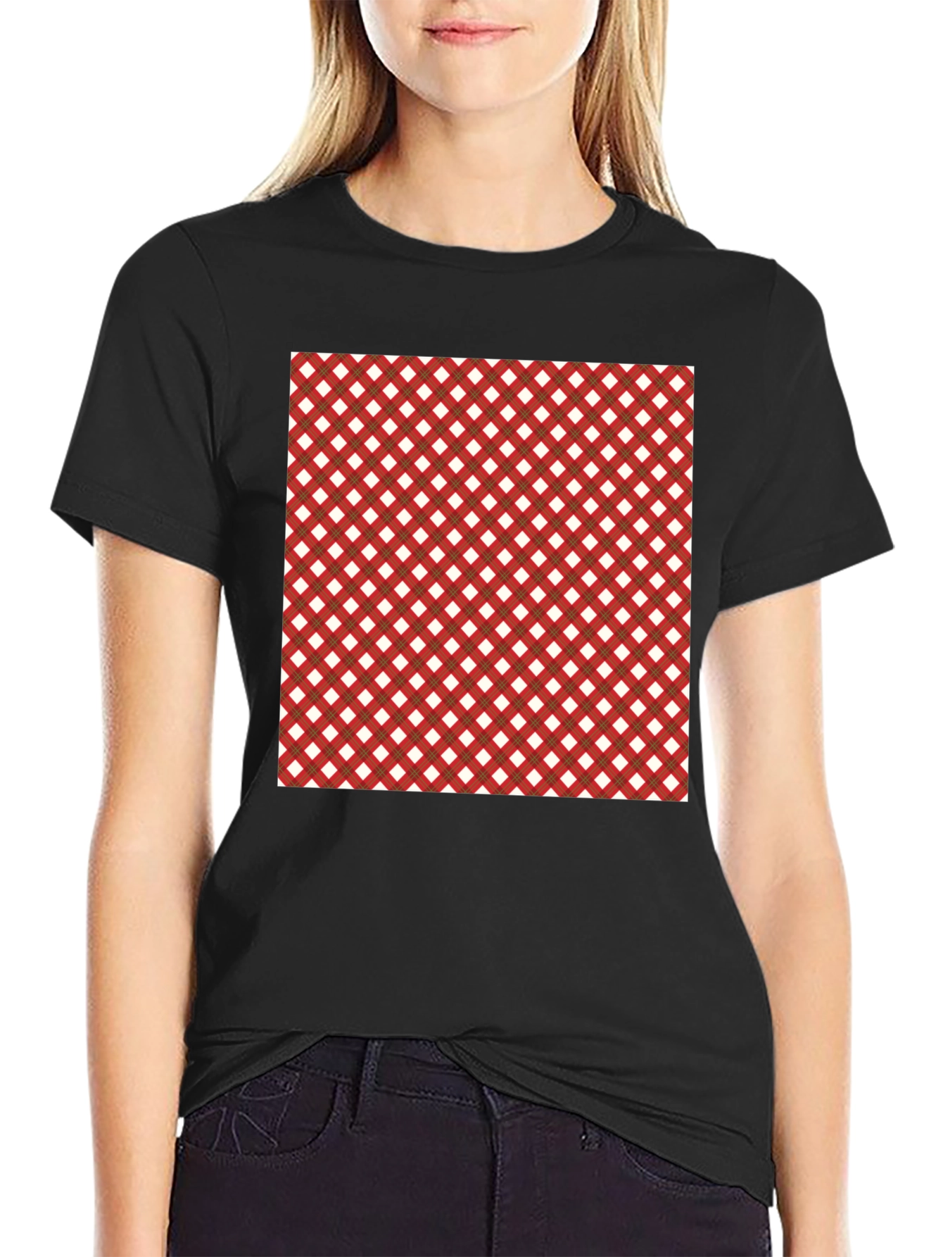 Stylish Black Tee with Red & White Checkered Design