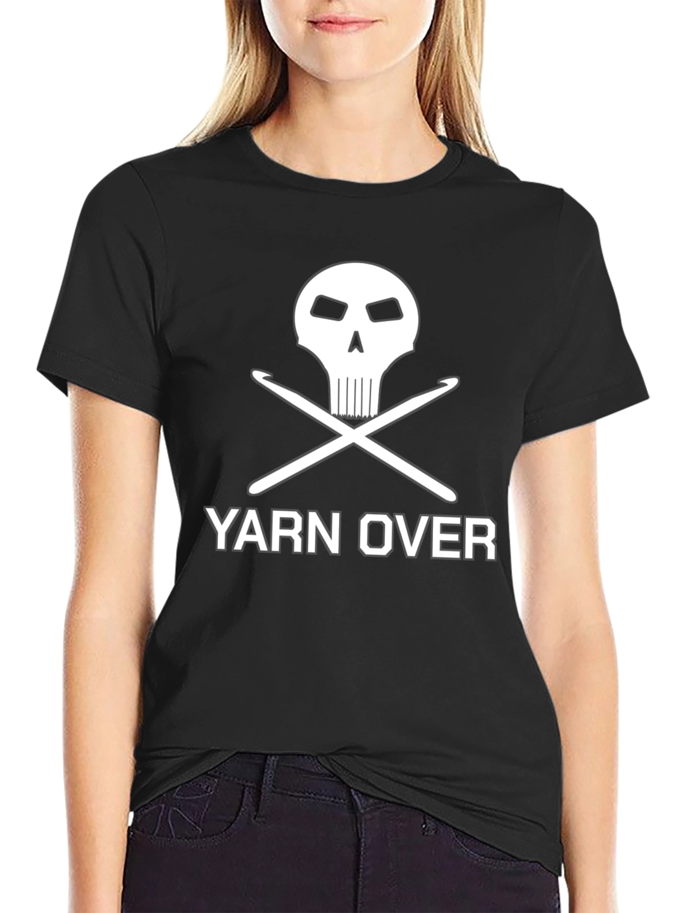 Yarn Over Crochet Skull Graphic Tee - Black