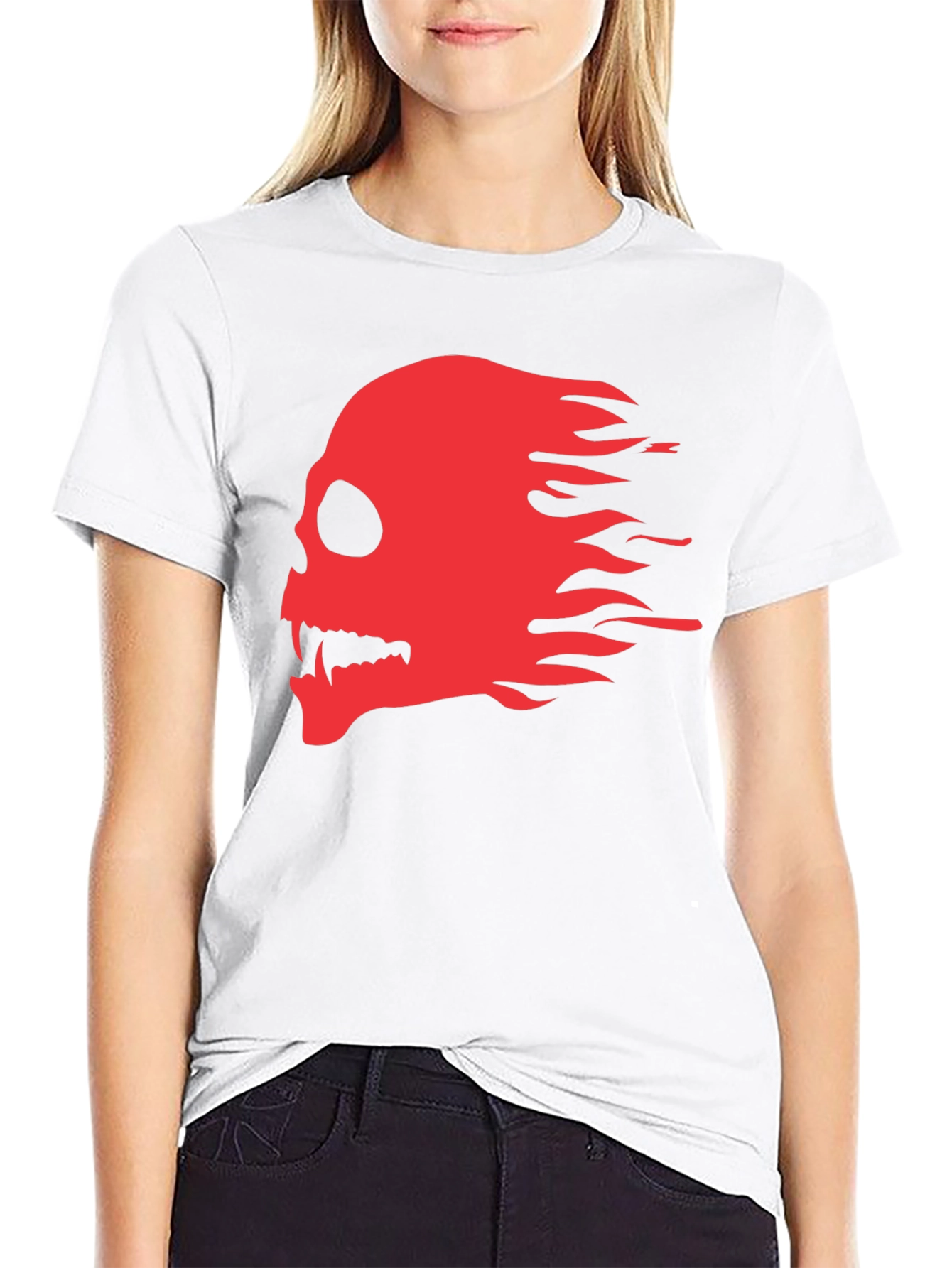 Black T-Shirt with Red Flaming Skull Graphic