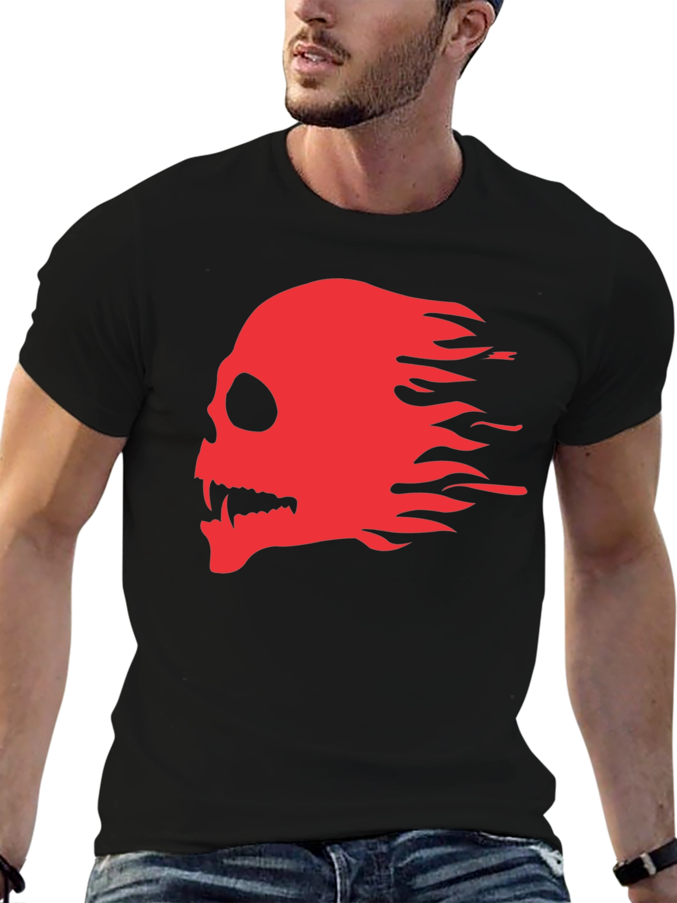 Black T-Shirt with Red Flaming Skull Graphic
