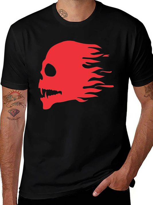 Black T-Shirt with Red Flaming Skull Graphic