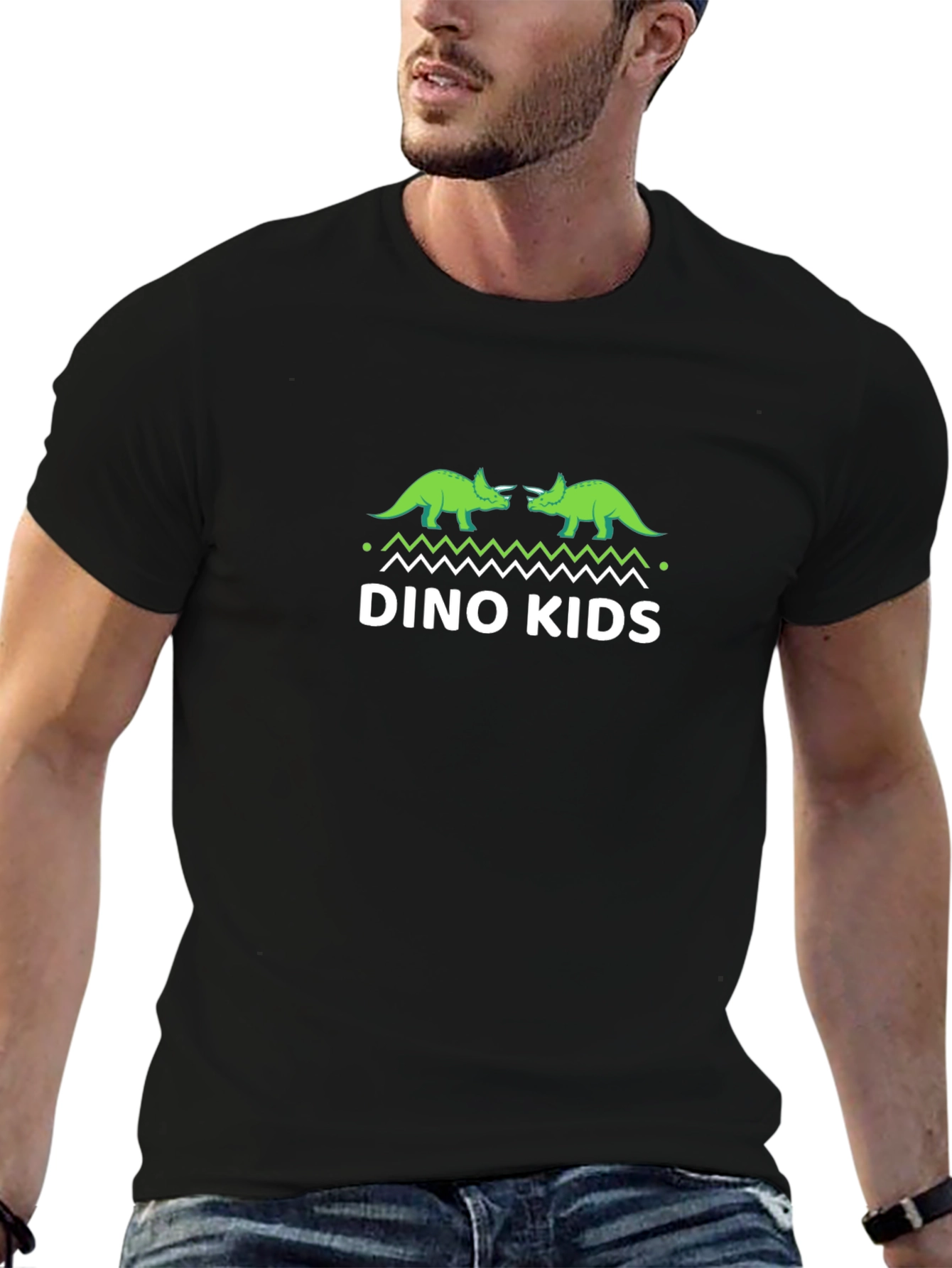 Dino Kids Black T-Shirt - Triceratops Design