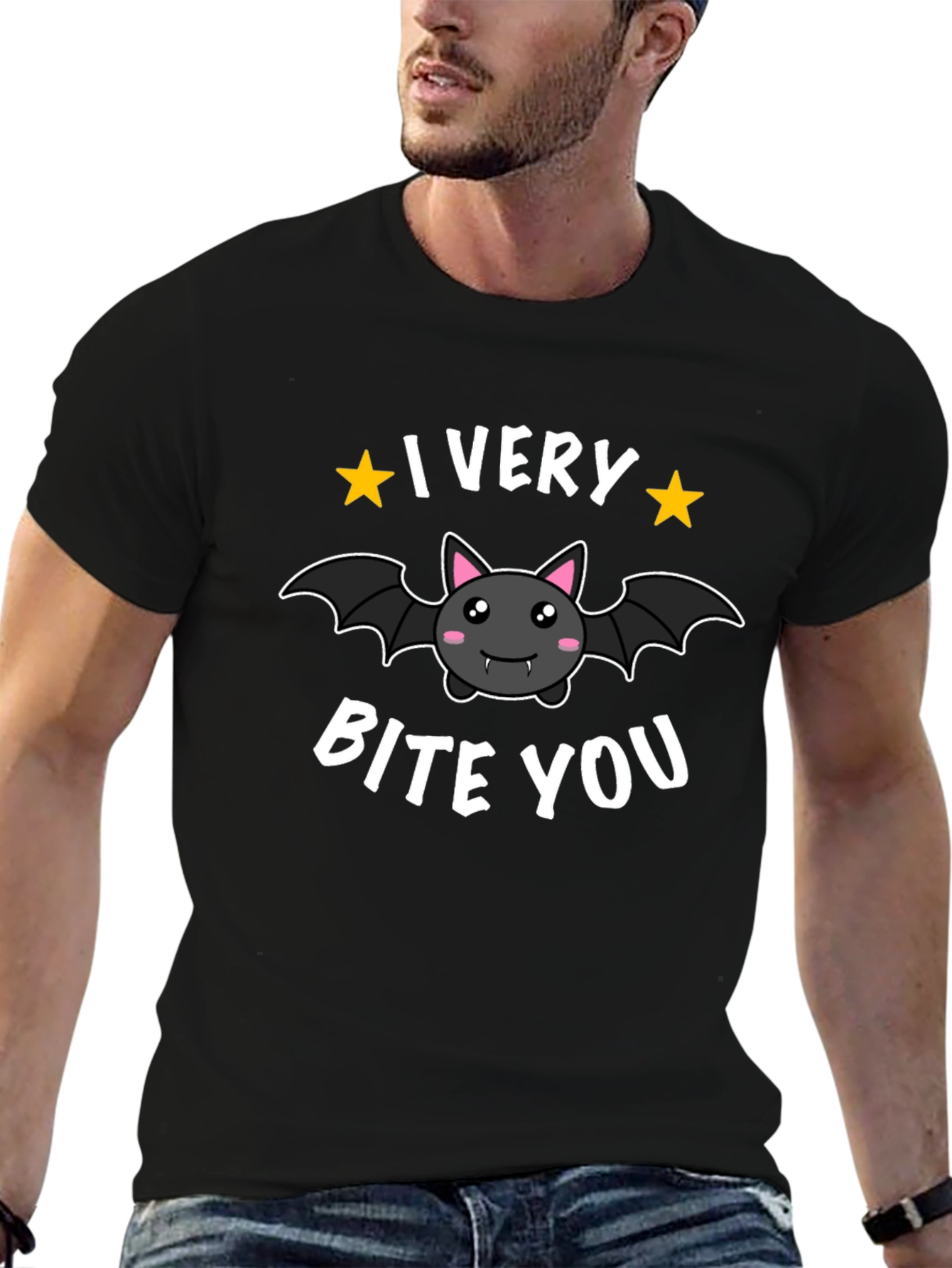Cute Bat I Very Bite You Graphic Black T-Shirt