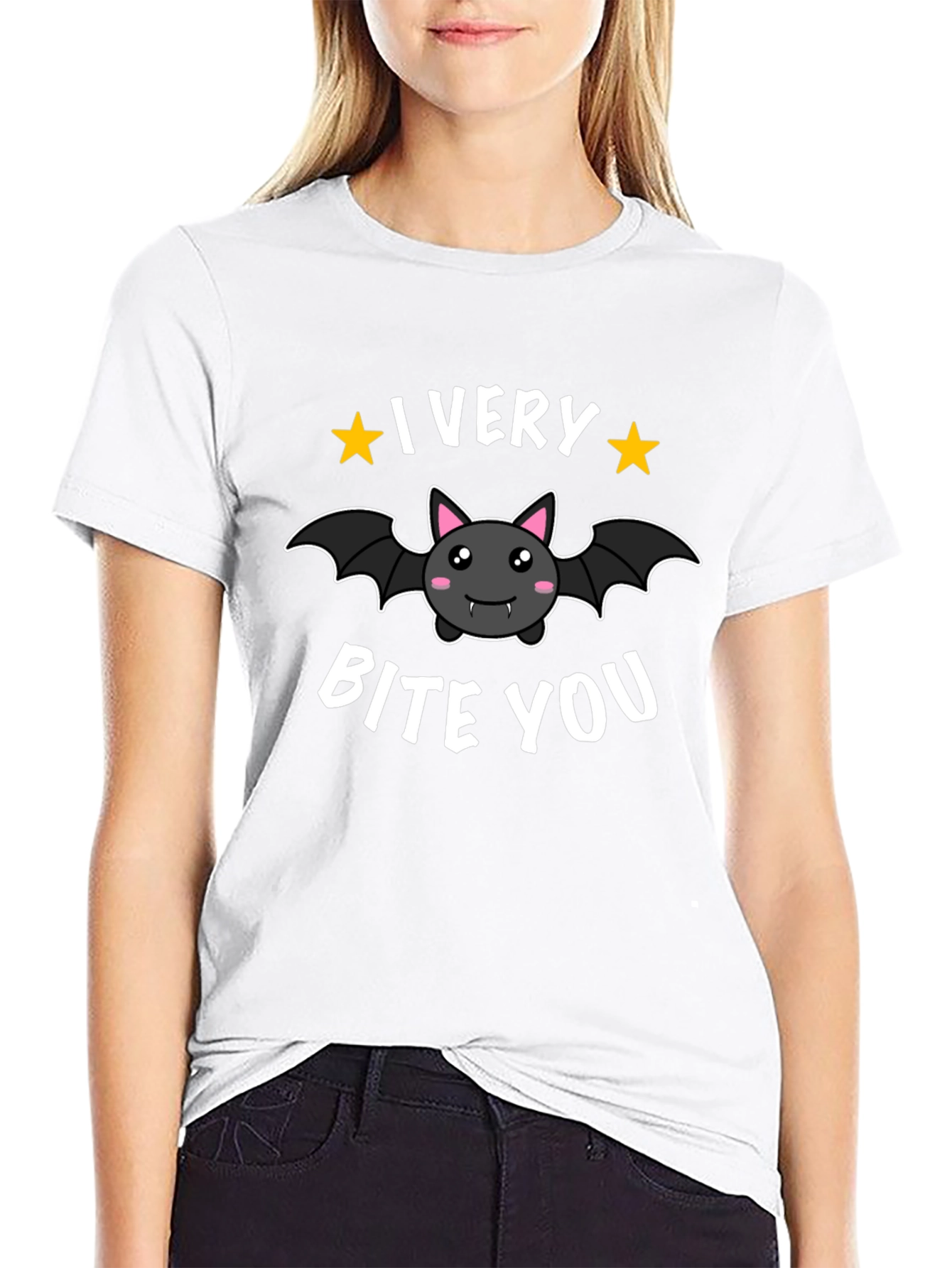 Cute Bat I Very Bite You Graphic Black T-Shirt