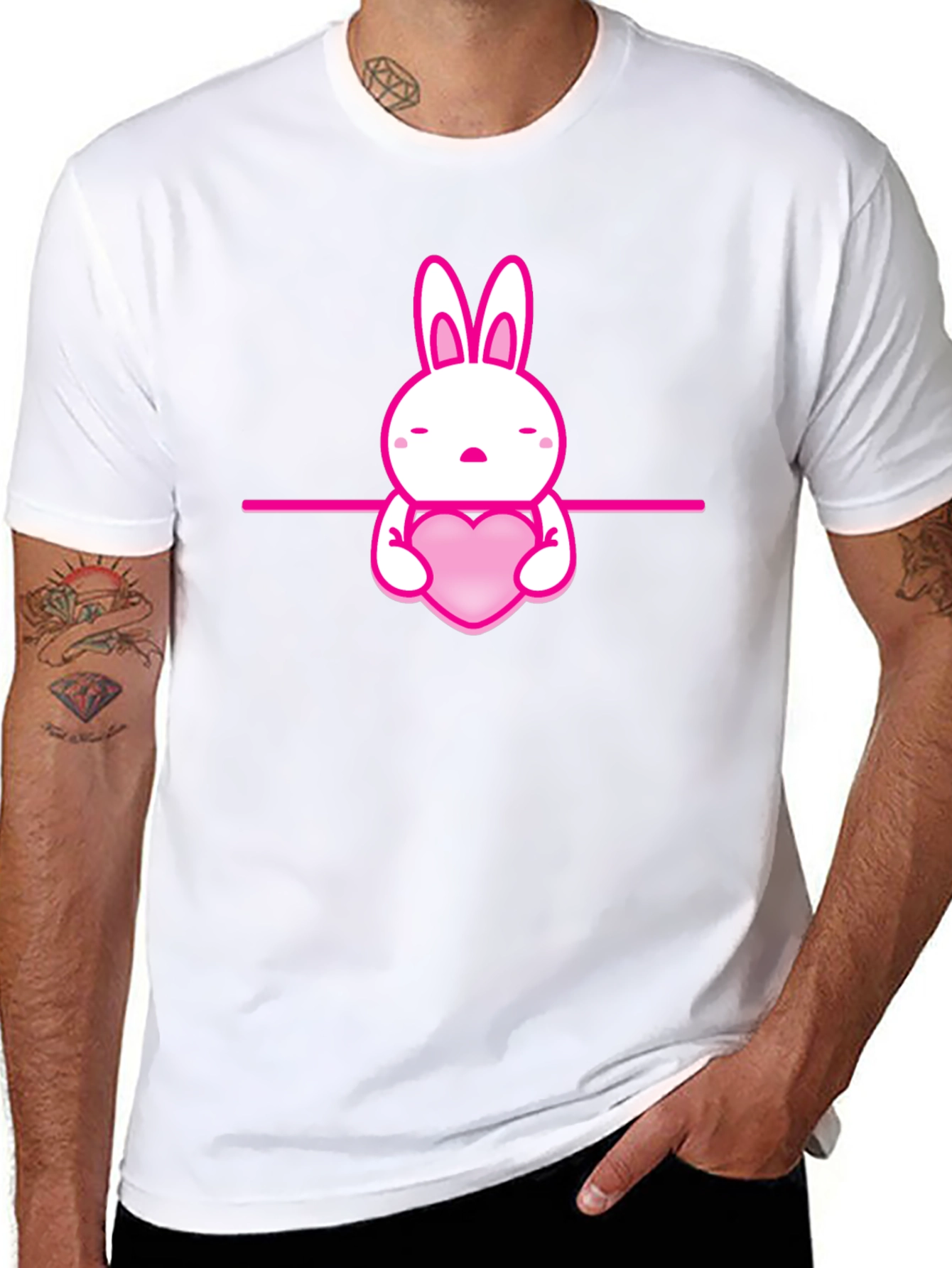 Cute Pink Bunny Heart Graphic Black T-Shirt