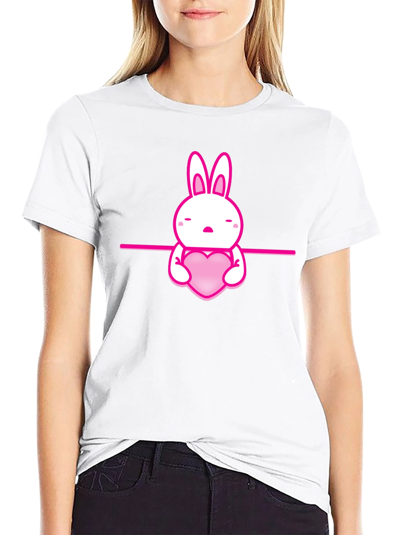 Cute Pink Bunny Heart Graphic Black T-Shirt