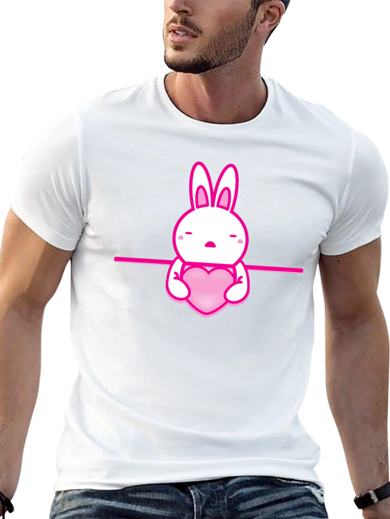 Cute Pink Bunny Heart Graphic Black T-Shirt