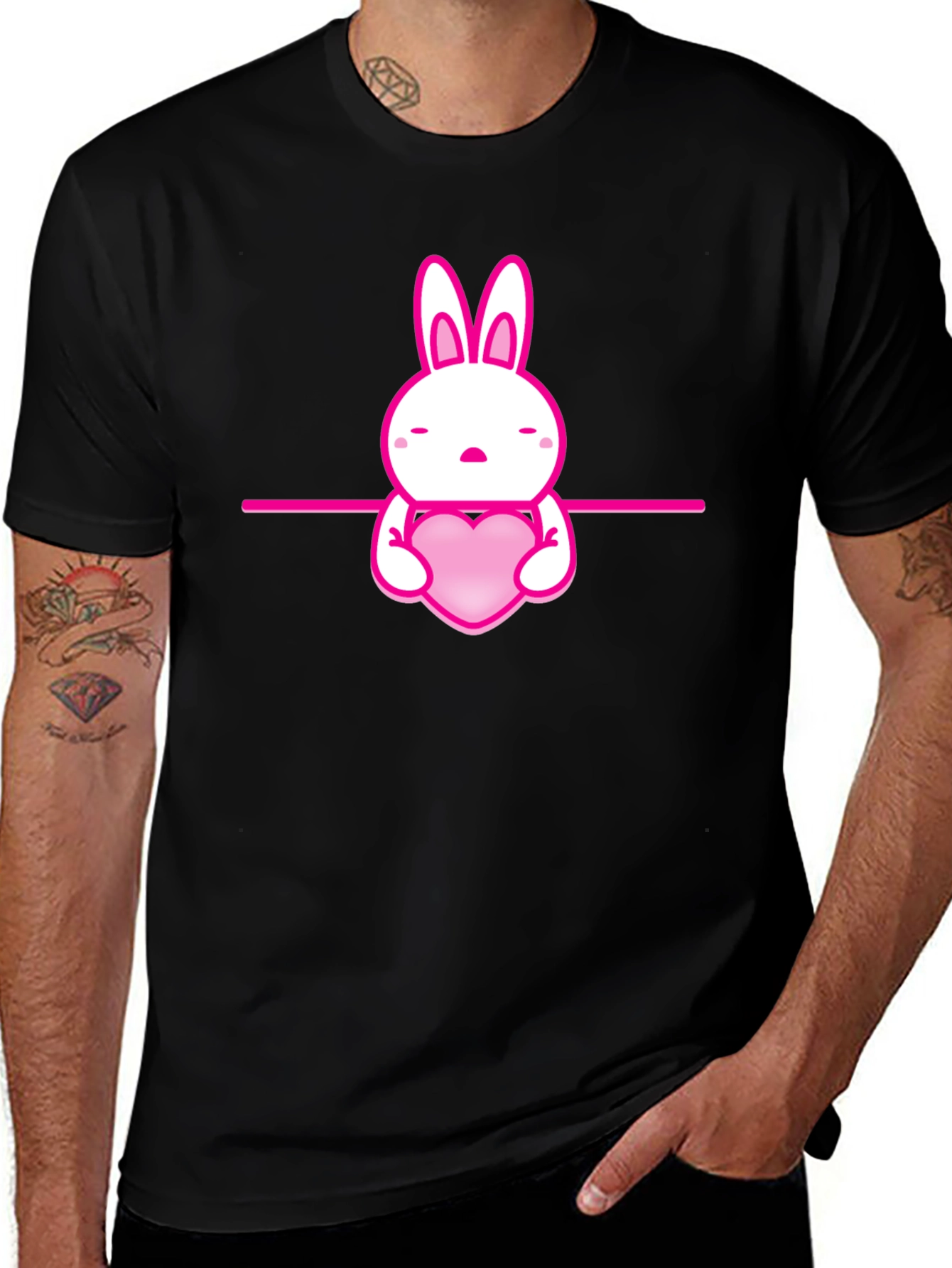Cute Pink Bunny Heart Graphic Black T-Shirt