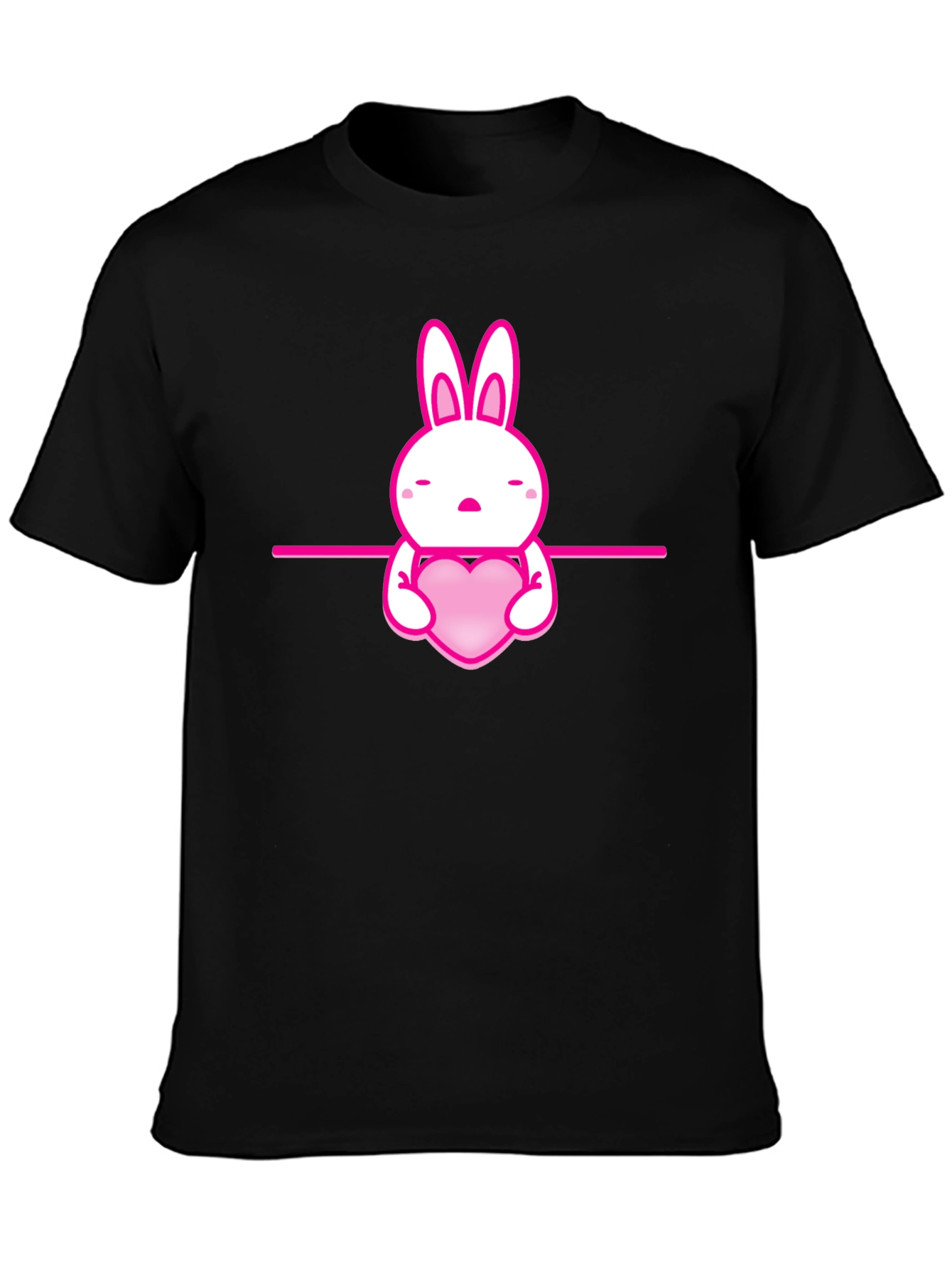 Cute Pink Bunny Heart Graphic Black T-Shirt