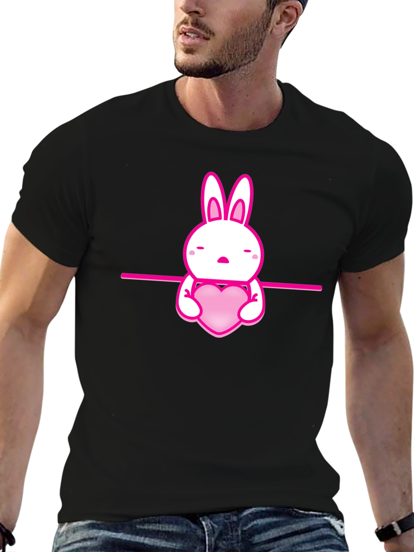 Cute Pink Bunny Heart Graphic Black T-Shirt