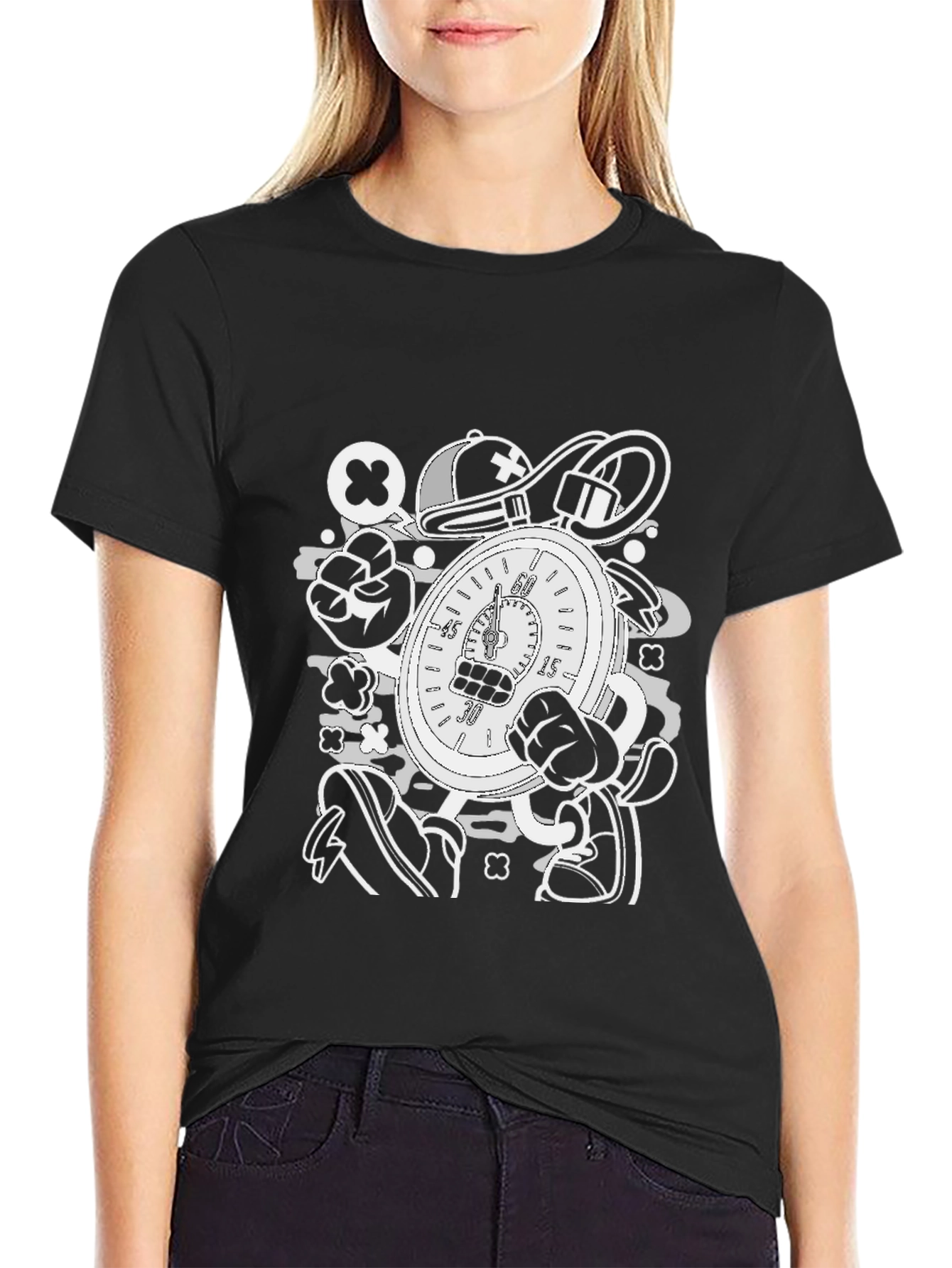 Cartoon Stopwatch Graphic Tee - Black