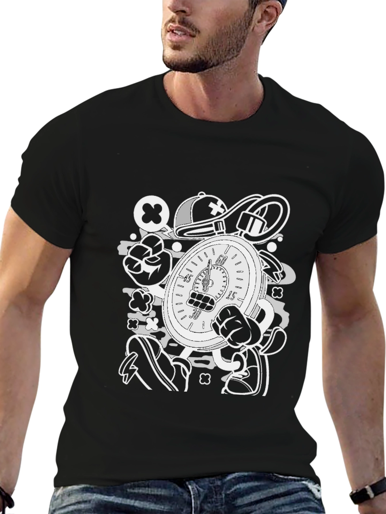 Cartoon Stopwatch Graphic Tee - Black