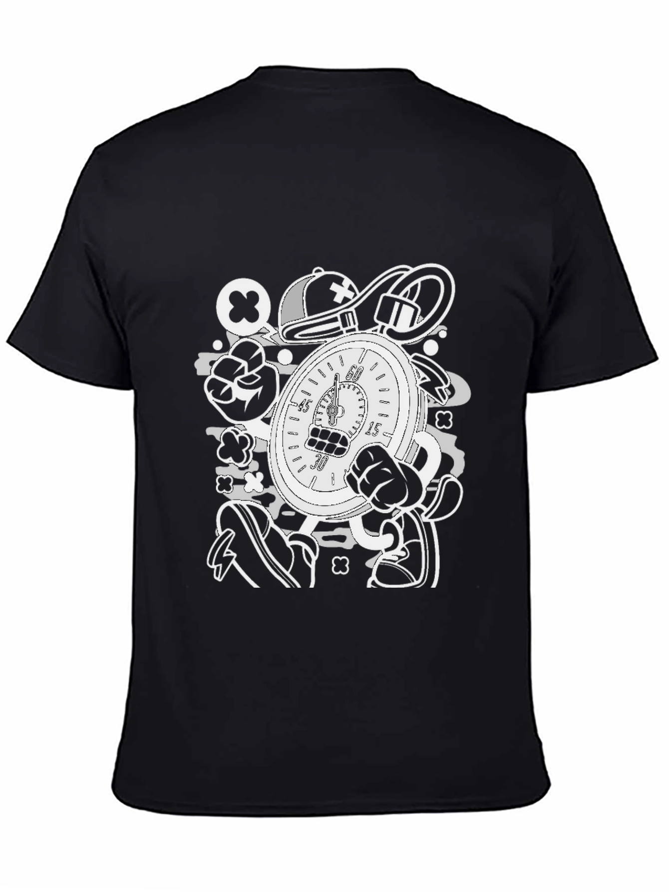 Cartoon Stopwatch Graphic Tee - Black