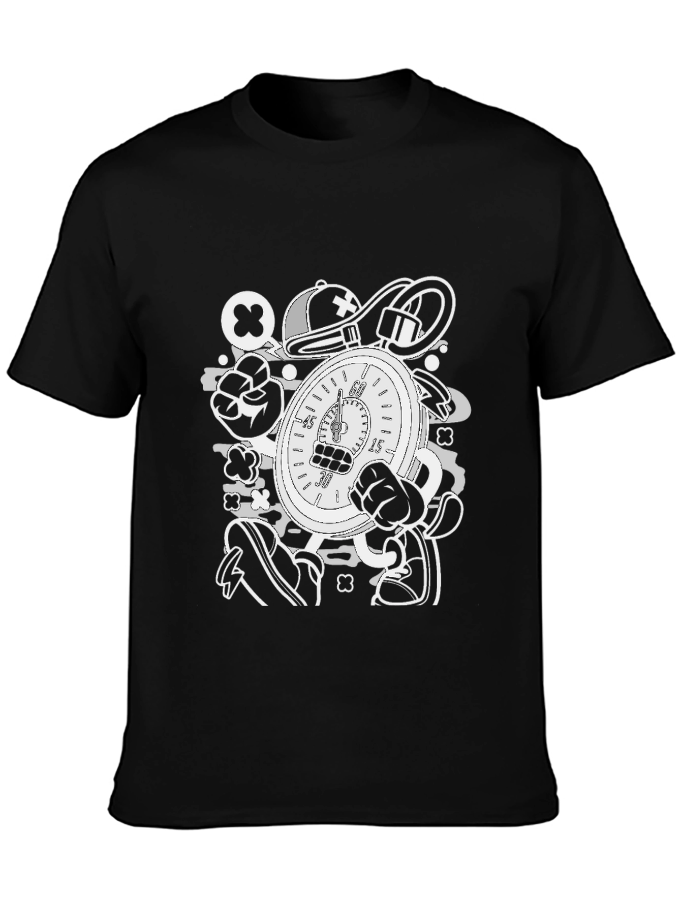 Cartoon Stopwatch Graphic Tee - Black
