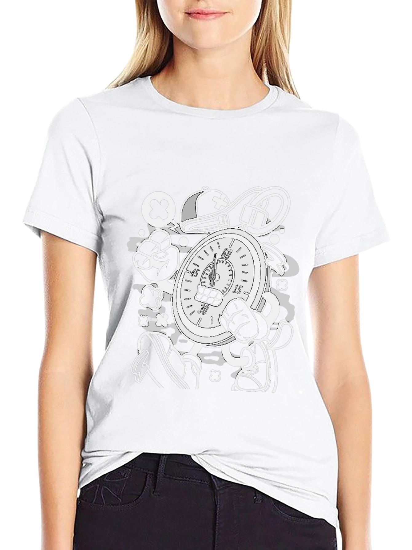Cartoon Stopwatch Graphic Tee - Black