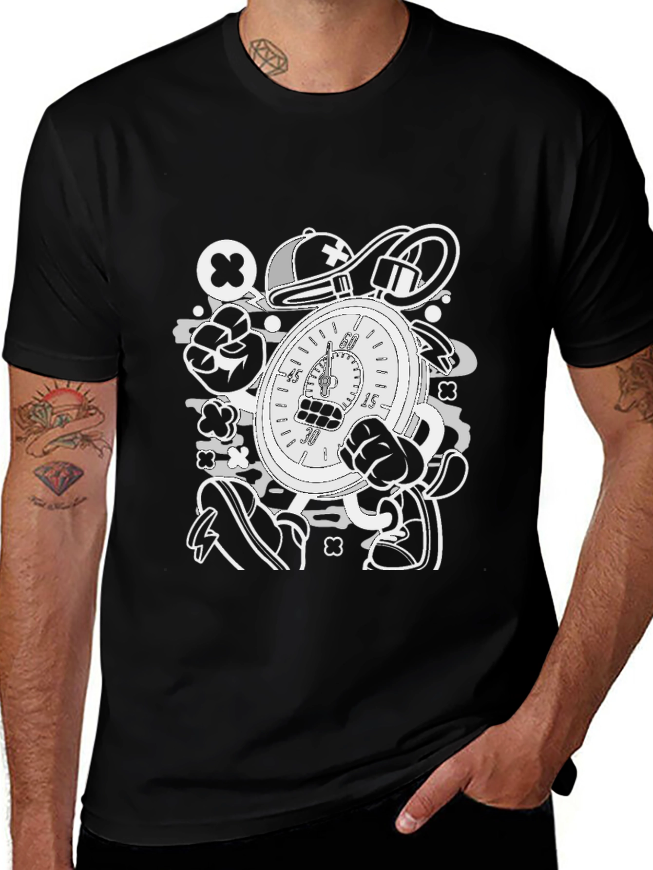 Cartoon Stopwatch Graphic Tee - Black