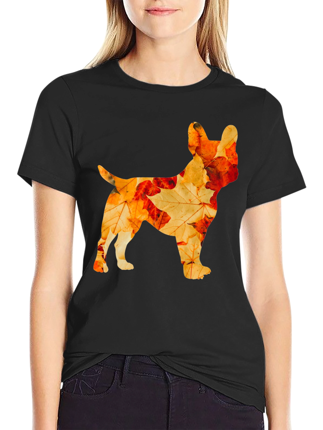 Autumn Leaves French Bulldog Black T-Shirt