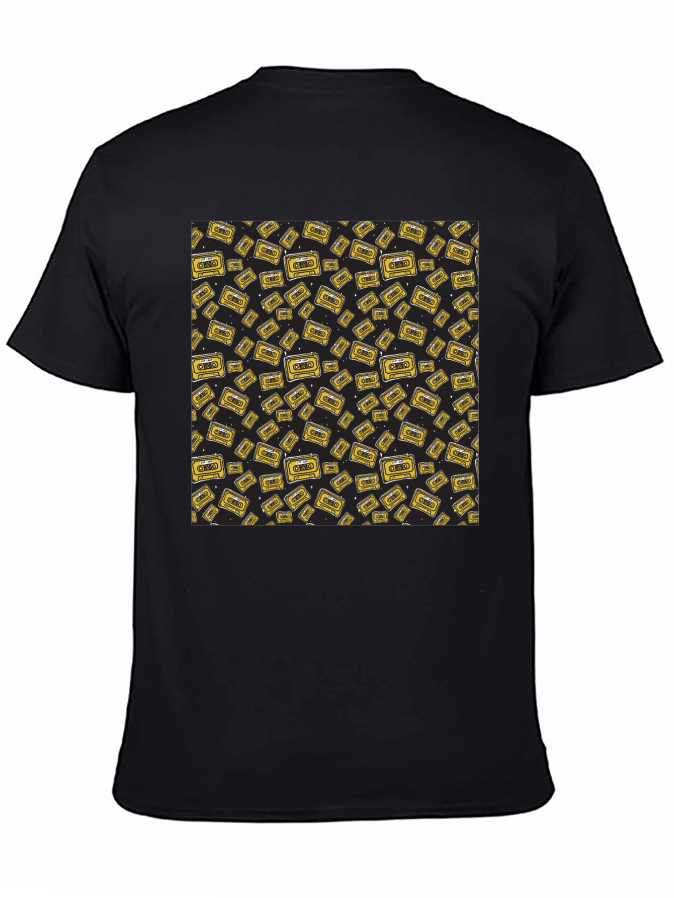 Retro Cassette Tape Pattern Black T-Shirt